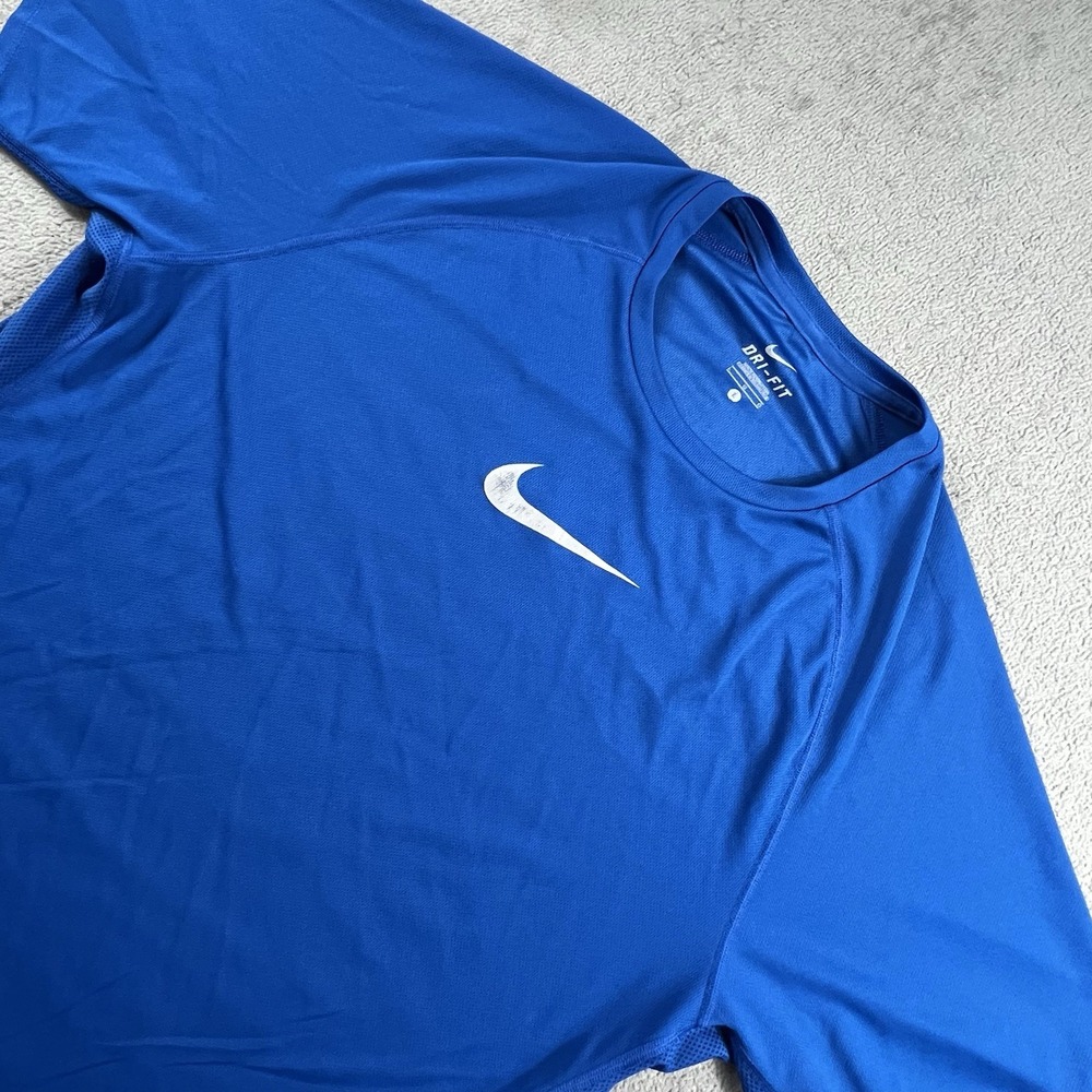 Nike Dri-FIT Shirt Mens L Blue Black Training Performance Tee Center Swoosh